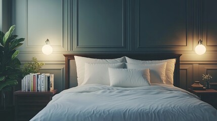 Modern bedroom with navy accents and moody lighting for a cozy vibe
