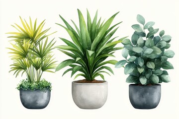 Obraz premium Three decorative potted plants in varying styles and colors for home decor.