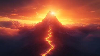 Majestic eruption of lava mountain at sunset nature landscape view