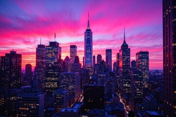 New York City skyline sunset skyscrapers lighting effects