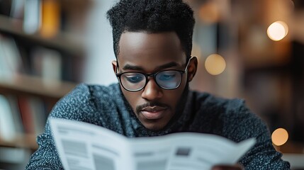 Young Man Carefully Reading a Paper Document