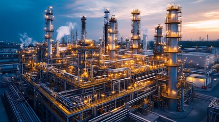 Industrial operations at night oil refinery aerial view technology