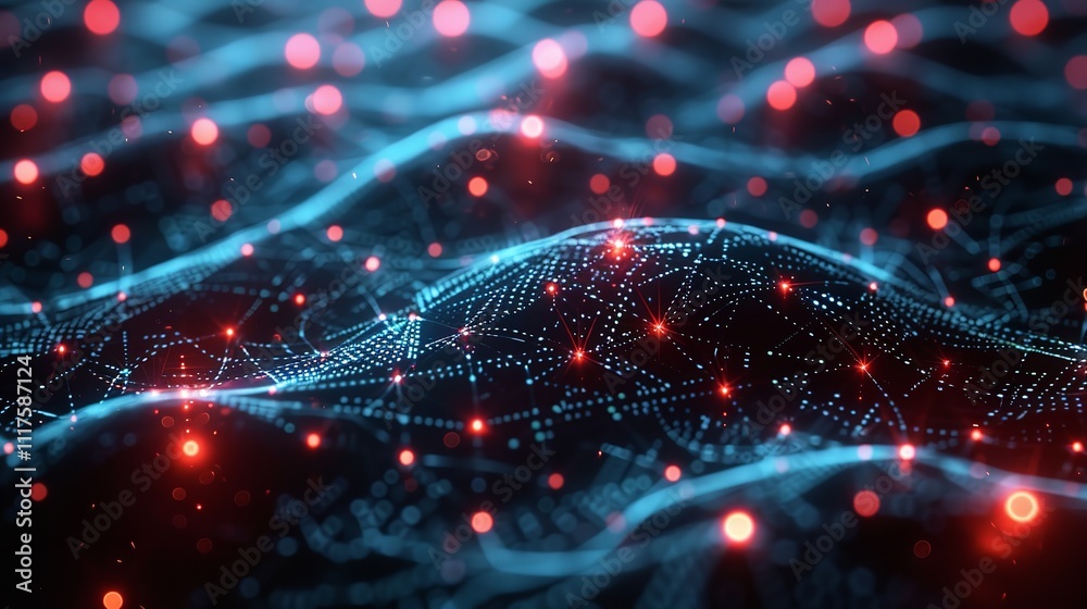 Poster abstract tech background with illuminated fiber optic connections, quantum computing network system.
