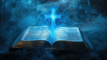 Holy Bible open to scripture, with a glowing blue cross and ethereal light rays cutting through thin smoke