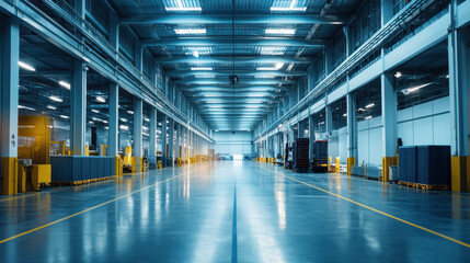Spacious and modern warehouse interior with high ceilings and bright lighting, showcasing an efficient storage layout with industrial elements.