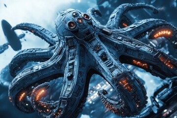 Obraz premium Futuristic Octopus Shaped Spaceship Over City