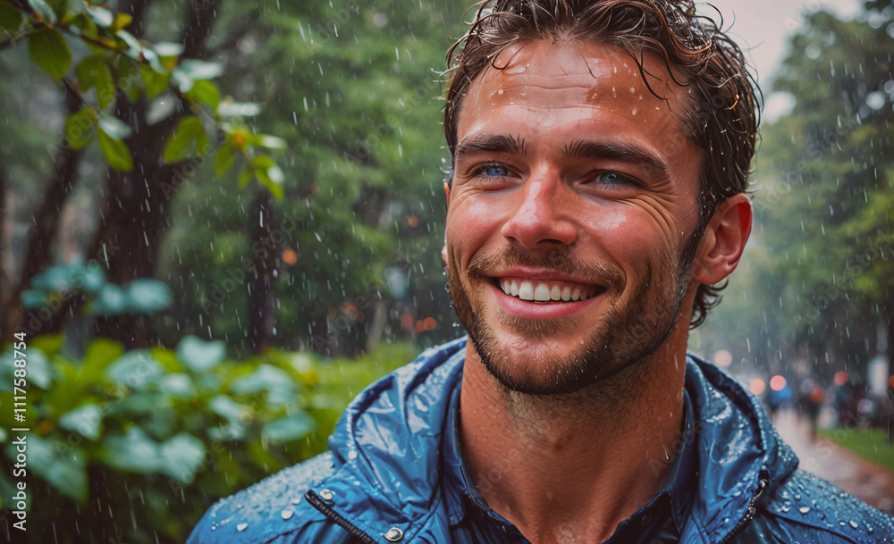 Poster Man with a beard and a blue jacket is smiling in the rain. He is wearing a blue jacket and has a beard