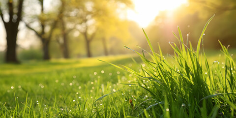 Sunrise Over Dewy Grass in a Misty Meadow