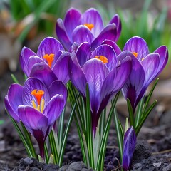 Spring crocus flowers in the forest. Early spring. Europe. Beauty world.