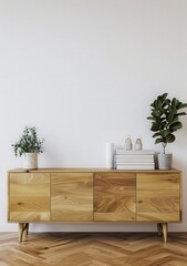 A wooden cabinet with plants and books on top. in front of a white wall with a herringbone wood floor