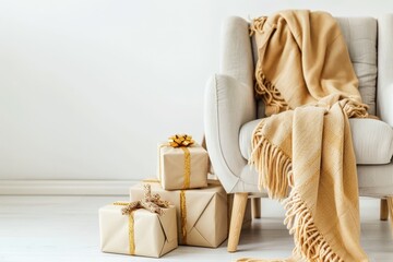 A cozy armchair with a blanket and wrapped gifts in front of a white wall