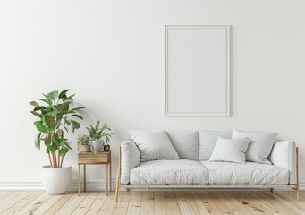 Minimalist living room with a white sofa. plants. and a blank picture frame on the wall