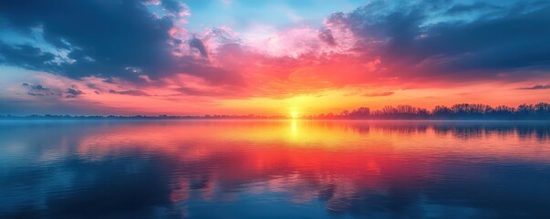 Obraz premium A breathtaking sunset reflects vibrant colors on a calm body of water, creating a serene and picturesque landscape.