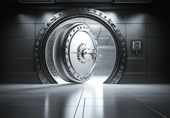 Massive Steel Vault Door Open in a Modern Bank Interior Showcasing Advanced Security Measures and Industrial Design for Financial Institutions