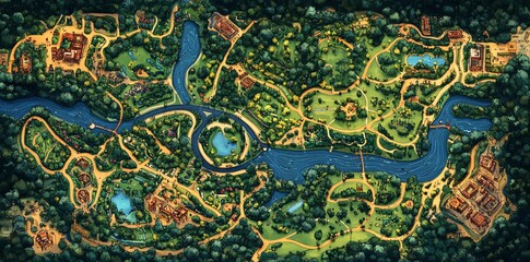 Obraz premium A detailed map of a lush, green park with water features and pathways.