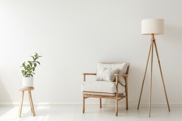 A minimalist living room interior with a wooden armchair. a floor lamp. and a potted plant on a wooden stool