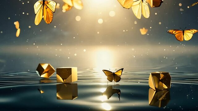 A serene scene featuring golden geometric shapes and a butterfly reflecting on water.