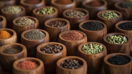 Assorted spices in wooden bowls: culinary aromas and exotic flavors