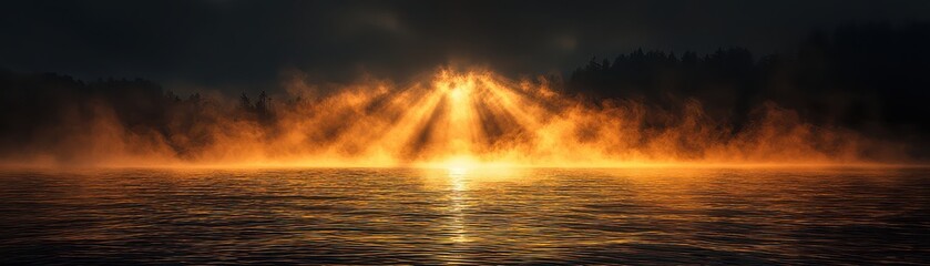 A breathtaking sunset casts golden rays over a tranquil water surface, creating a mystical and serene atmosphere.