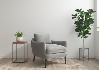 A cozy living room with a gray armchair. a wooden side table with a potted plant. and a large potted plant in the corner The room has a white wall and hardwood floors