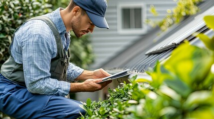 Contractor Inspecting House Roof And Gutter System