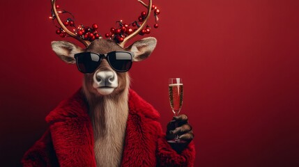 Stylish reindeer wearing sunglasses and red fur coat holding champagne flute celebrating christmas