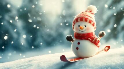 Fototapeta premium Snowman skiing downhill in snowy winter wonderland