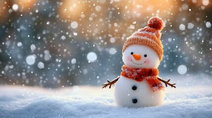 Smiling snowman wearing knitted hat and scarf enjoying snowfall in winter wonderland