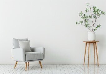 Minimalist living room interior with a gray armchair. a wooden side table with a potted plant. and a white wall
