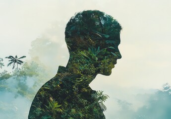 Profile silhouette of a person blended with vibrant greenery and tropical plants, symbolizing connection with nature and inner peace in a serene landscape setting.