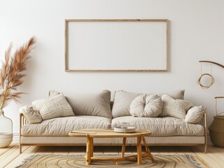 A cozy living room with a beige sofa. a wooden coffee table. a rug. a vase of dried pampas grass. and a large wooden frame mockup