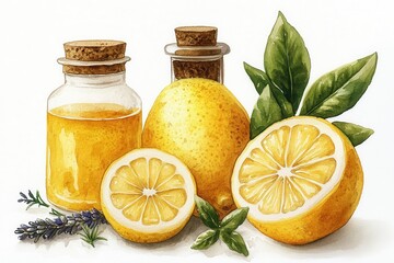 A vibrant arrangement of lemons, essential oil bottles, and herbs, emphasizing freshness.