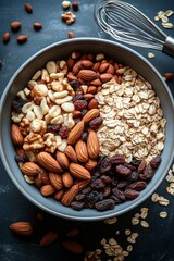 Fototapeta premium Nut and oat medley in mixing bowl with whisk on dark background