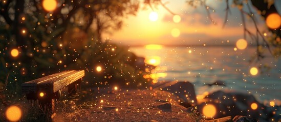 Enchanting winter wonderland scene with a glimmering magical atmosphere  Soft snow blankets the landscape as twinkling lights and fireflies dance among the frosted trees creating a cozy