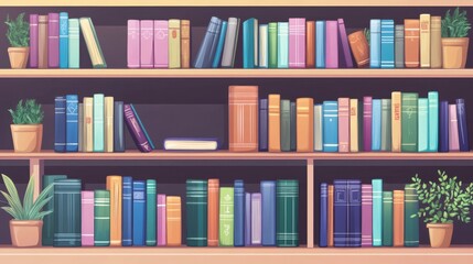 Colorful Bookshelf with Potted Plants, Cozy Reading Nook, Home Library.