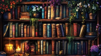 Obraz premium Enchanting Bookcase with Flowers and Candlelight.