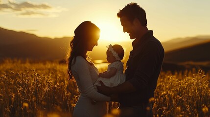 Family Silhouette At Sunset Golden Field