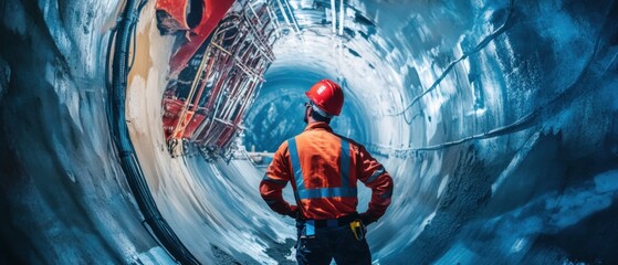 A detailed portrait of a tunnel engineer inspecting tunnel boring machine progress underground,...