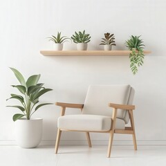 A white armchair with wooden arms sits in a minimalist room with a shelf of potted plants and a large plant in a white pot