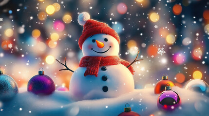 Obraz premium A happy and cute snowman in festive attire, surrounded by colorful Christmas decorations and falling snowflakes, with a charming night sky in the background, creates a festive Christmas atmosphere.