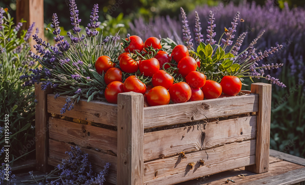 Poster Wooden crate filled with tomatoes and lavender. The crate is on a table. There are many tomatoes in the crate