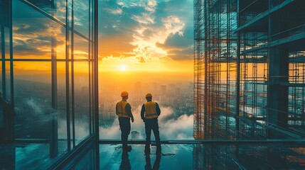 Workers Observe Cityscape From Skyscraper Under Construction