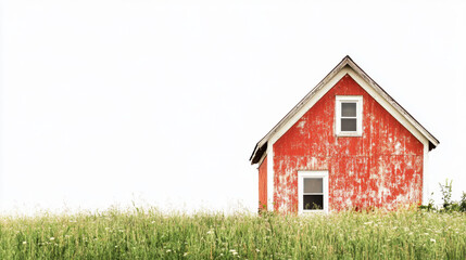 Isolated red barn on a vast green field with a bright, clear sky, symbolizing simplicity and rural life.