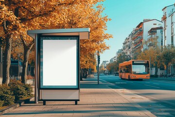 Urban bus stop mockup in a vibrant autumn setting, mockup for commercial advertising, marketing bus stop space