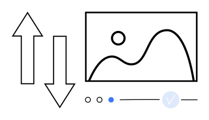 Two arrows, picture frame with mountain chart and sun, three progress dots, one blue, and a check mark. Ideal for data updates, progress tracking, data analysis, project management presentations