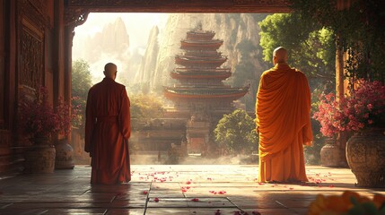 Fototapeta premium mountain, temple, monks, meditation, spiritual, religion, devotion, landscape, meditation, Buddhism, prayer, serenity, peaceful, temple architecture, monk robes, altitude, faith, pilgrimage, worship,