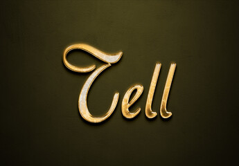 Old gold text effect of word Tell with 3D glossy style Mockup.