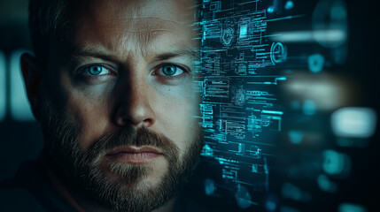 Portrait of a man with digital holographic interface and glowing blue circuits. Highlighting cybersecurity, data privacy, and digital awareness themes.