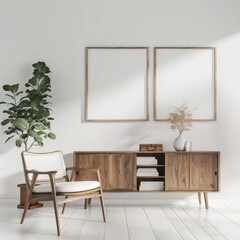 Minimalist living room interior with wooden furniture. a white armchair. a potted plant. and two empty picture frames