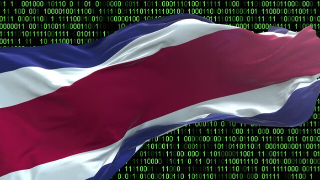 Costa Rica flag - 3D realistic waving flag on matrix digital background with binary code